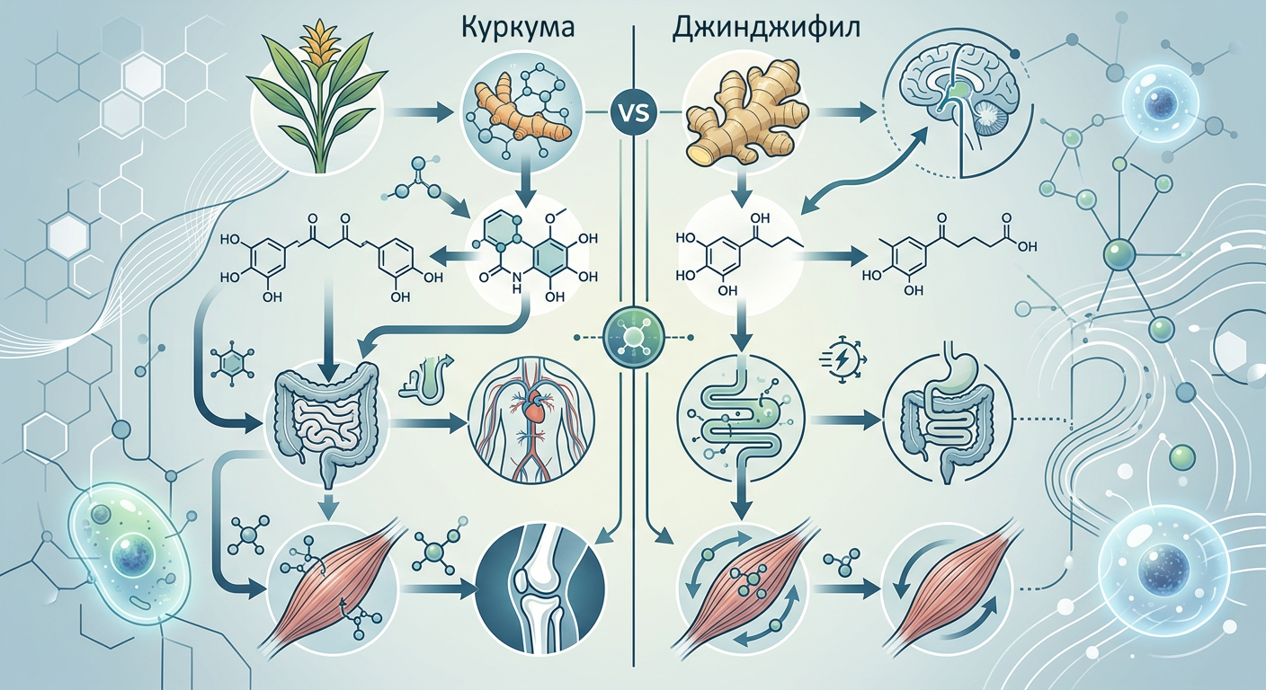 Илюстрация на молекулите на куркумин и джинджерол