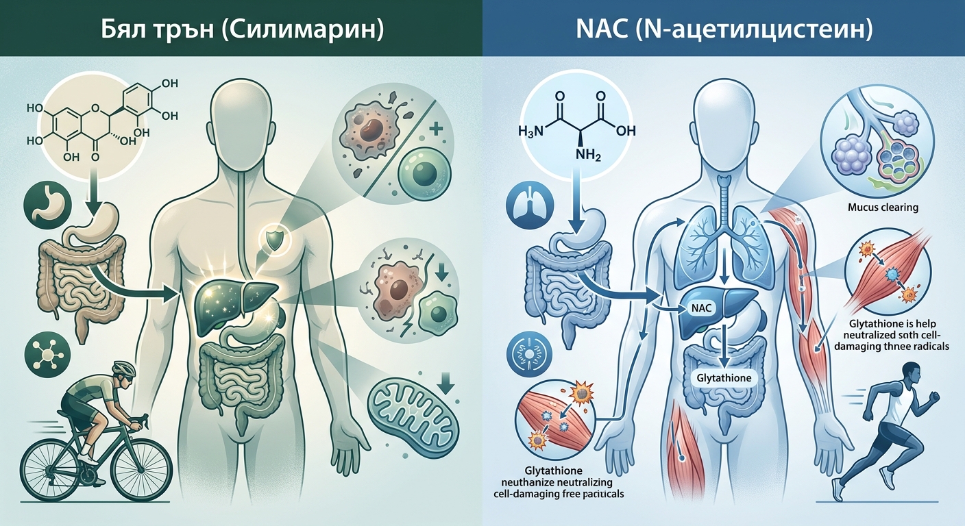 Илюстрация на механизмите на Силимарин и NAC
