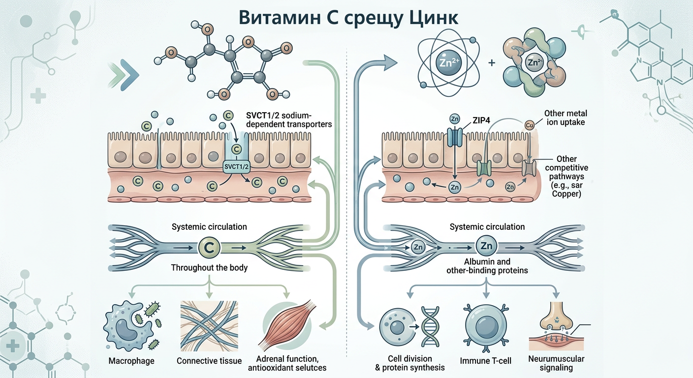 Биохимична илюстрация на действието на Витамин C и Цинк в клетката