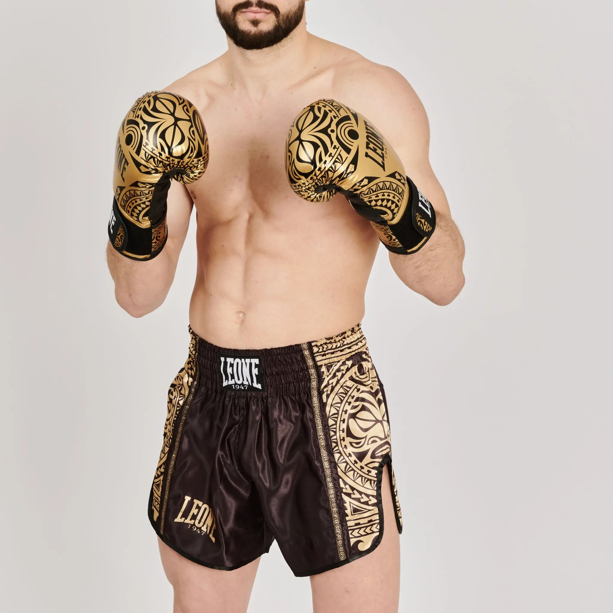 Leone - HAKA KICK SHORTS - Муай Тай Шорти - AB968 преден изглед с боксови ръкавици