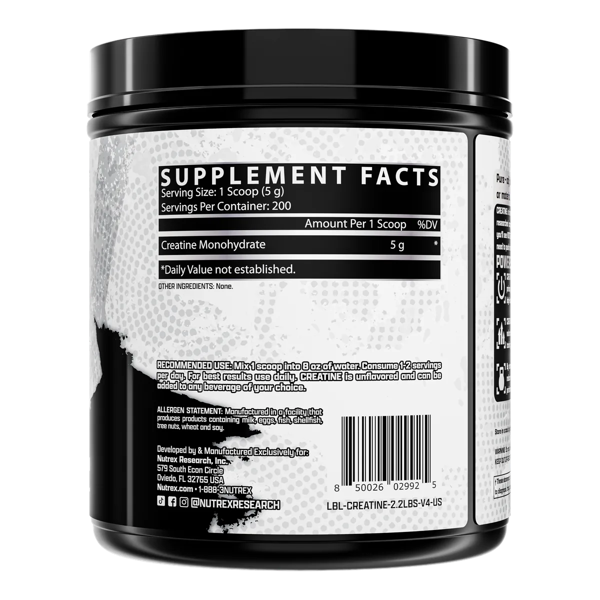 Nutrex Creatine Monohydrate заден изглед на опаковката 1000g