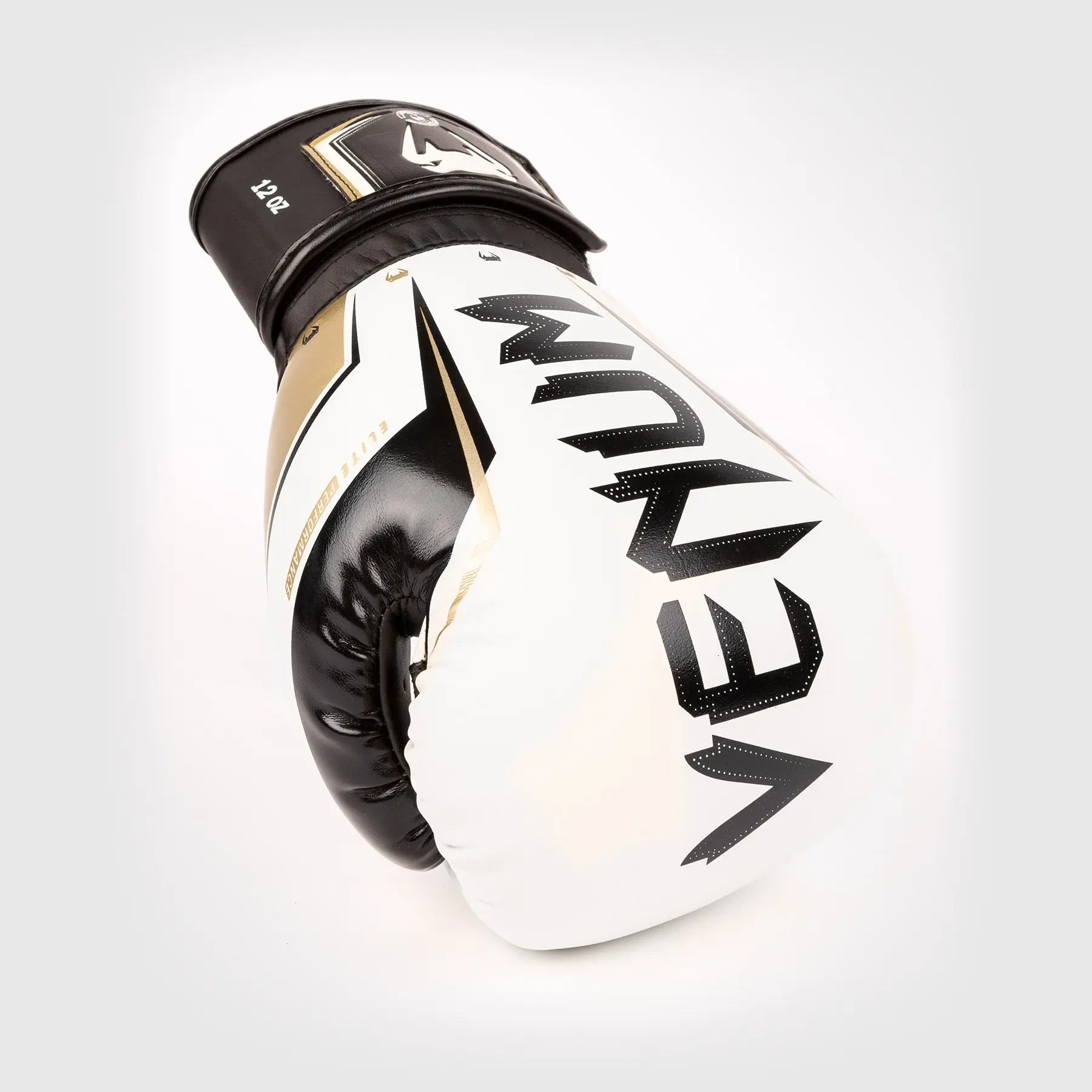 Venum Elite Evo Boxing Gloves - White/Gold ъглов изглед