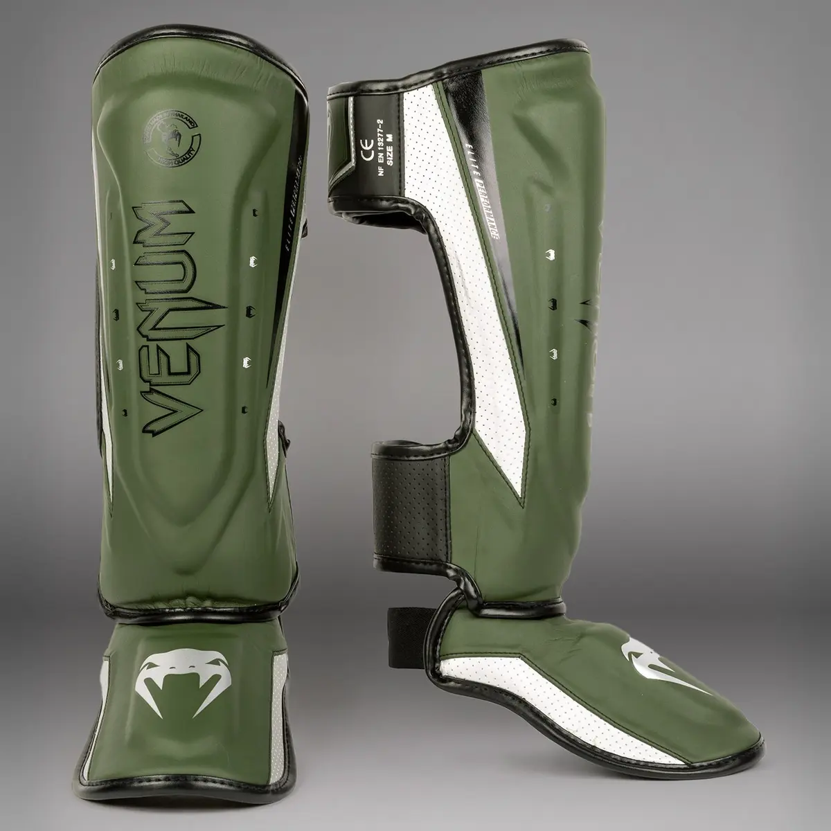 Venum Elite Evo Shinguards - Khaki/Silver