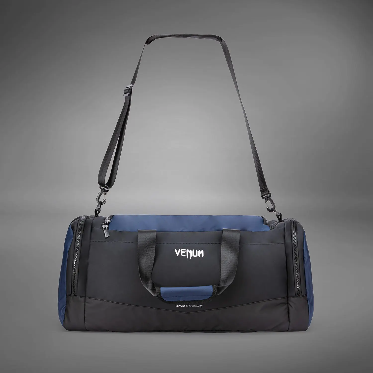 Venum Evo 2 Trainer Lite Duffle Bag (55-63L) - Black/Blue, преден изглед с надпис Venum