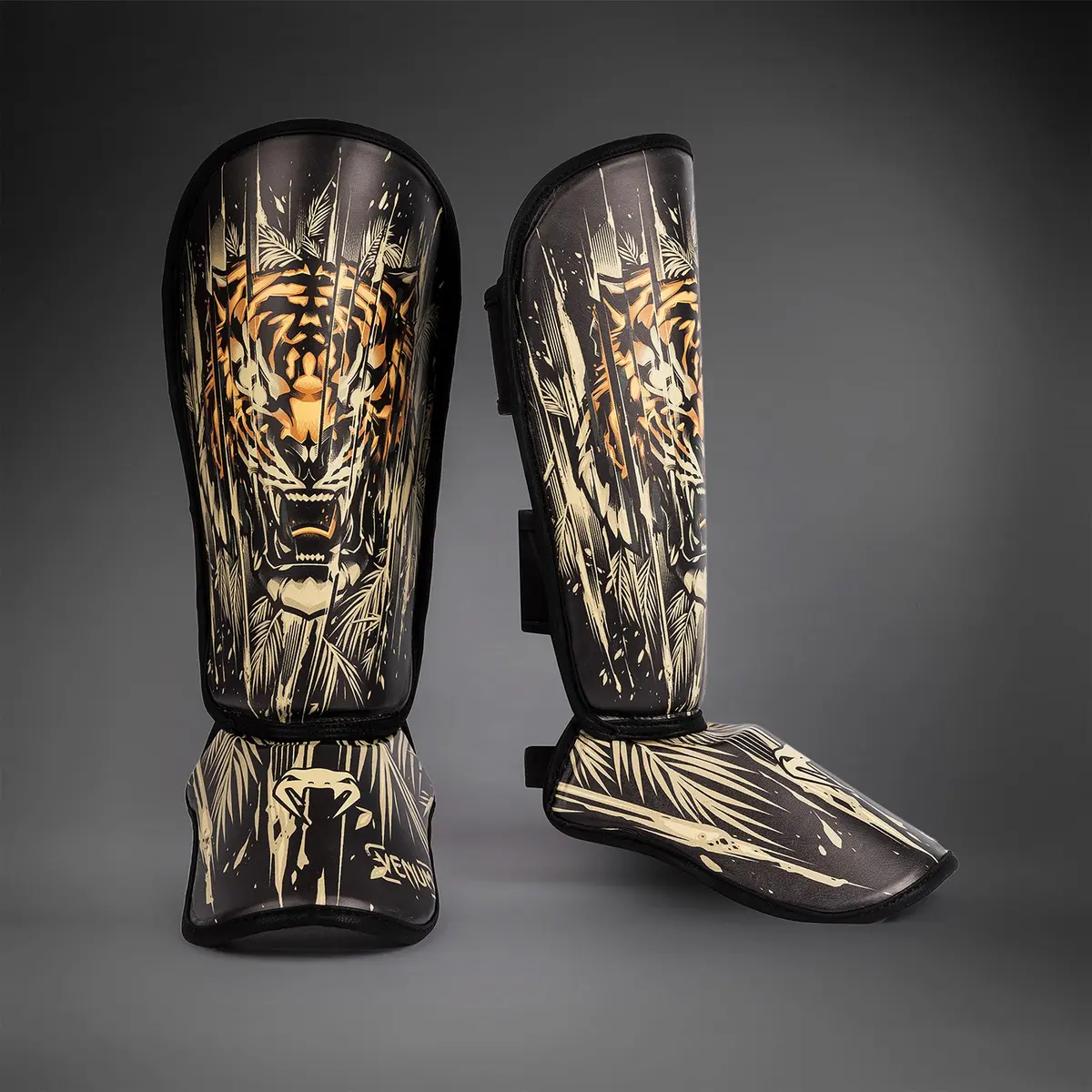 Venum Tiger Kids Shin Guards - Black/Neon Orang