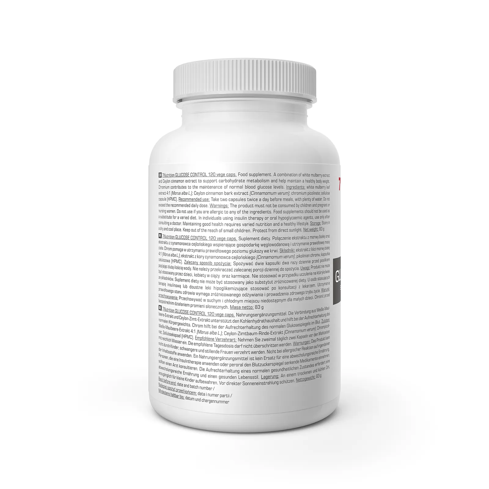 7Nutrition - GLUCOSE CONTROL - 120 vege caps, преден изглед на бутилката